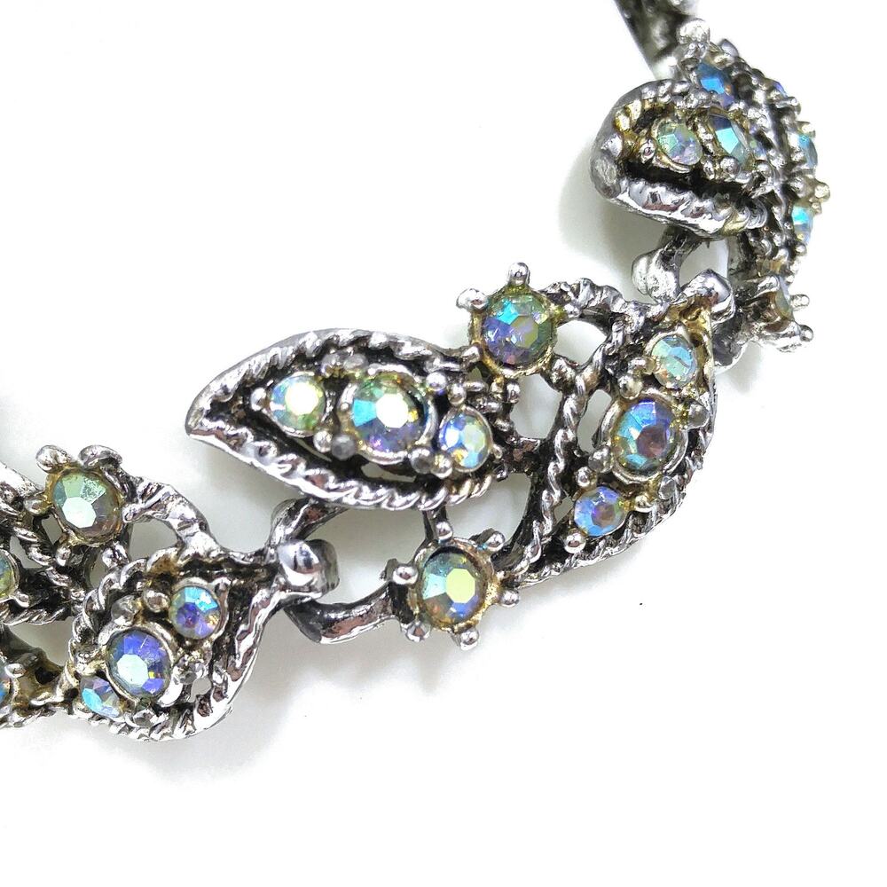 Vintage 1960s Aurora Borealis Rhinestone Leaf Bracelet, Rhodium Plated, 7 1/4 In